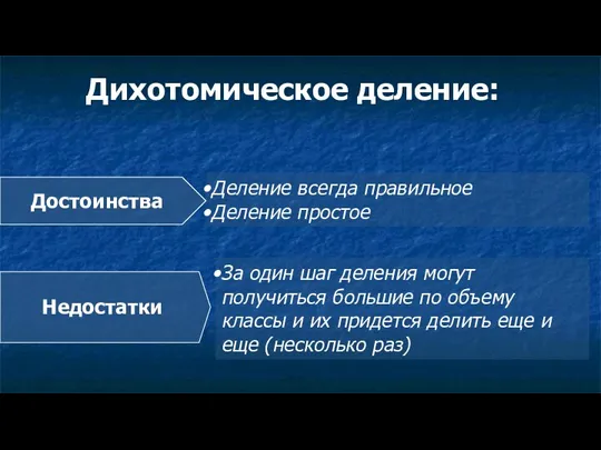 Дихотомическое деление: Деление всегда правильное Деление простое Достоинства Недостатки За один шаг