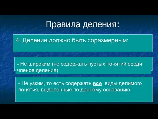 Правила деления: - Не широким (не содержать пустых понятий среди членов деления)