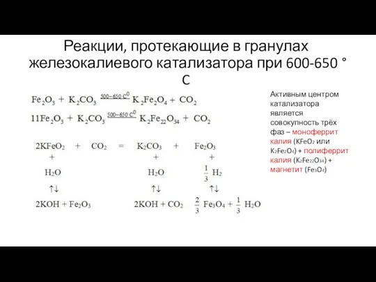 Реакции, протекающие в гранулах железокалиевого катализатора при 600-650 °C Активным центром катализатора