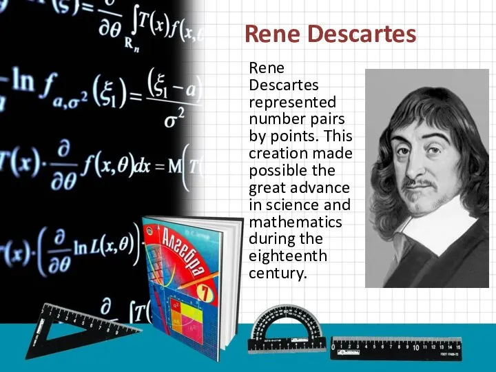 Rene Descartes Rene Descartes represented number pairs by points. This creation made