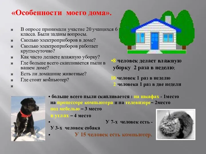 «Особенности моего дома». В опросе принимали участие 20 учащихся 6 класса. Были