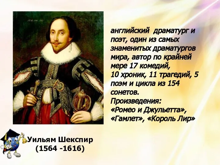 Уильям Шекспир (1564 -1616) английский драматург и поэт, один из самых знаменитых