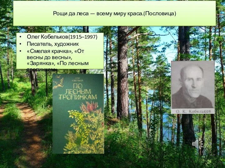 Рощи да леса — всему миру краса.(Пословица) Олег Кобельков(1915–1997) Писатель, художник «Смелая