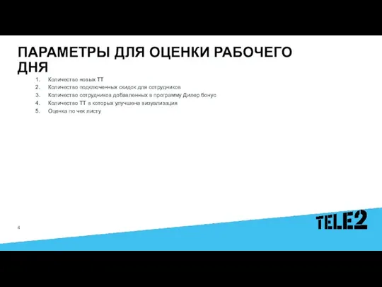 ПАРАМЕТРЫ ДЛЯ ОЦЕНКИ РАБОЧЕГО ДНЯ Количество новых ТТ Количество подключенных скидок для