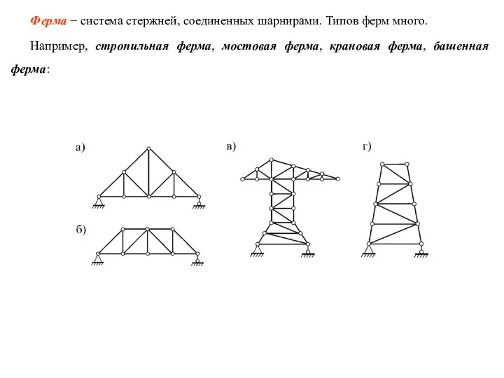 Ферма − система стержней, соединенных шарнирами. Типов ферм много. Например, стропильная ферма,