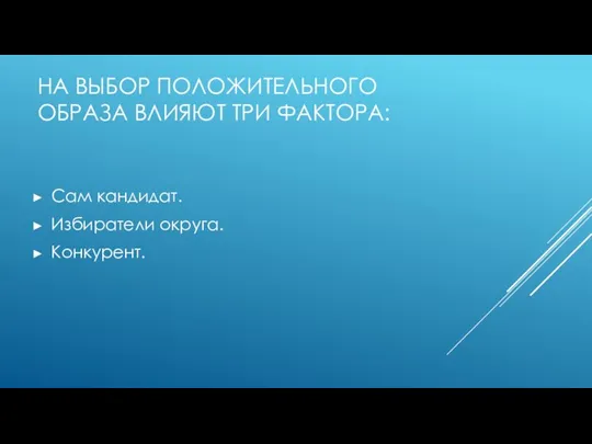 НА ВЫБОР ПОЛОЖИТЕЛЬНОГО ОБРАЗА ВЛИЯЮТ ТРИ ФАКТОРА: Сам кандидат. Избиратели округа. Конкурент.