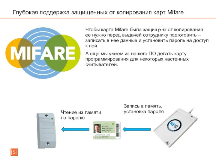 Глубокая поддержка защищенных от копирования карт Mifare Чтение из памяти по паролю