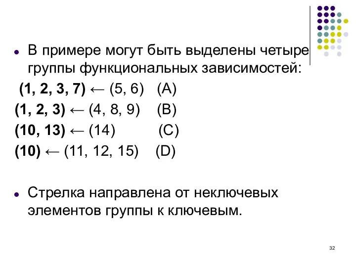 В примере могут быть выделены четыре группы функциональных зависимостей: (1, 2, 3,