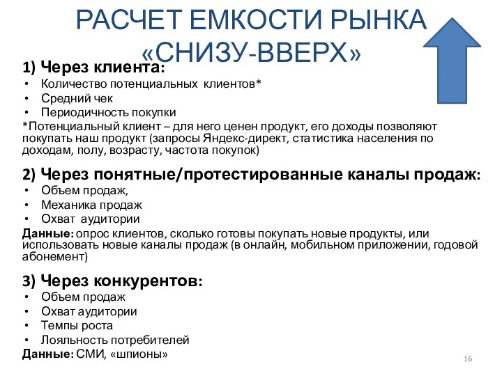 РАСЧЕТ ЕМКОСТИ РЫНКА «СНИЗУ-ВВЕРХ» 1) Через клиента: Количество потенциальных клиентов* Средний чек