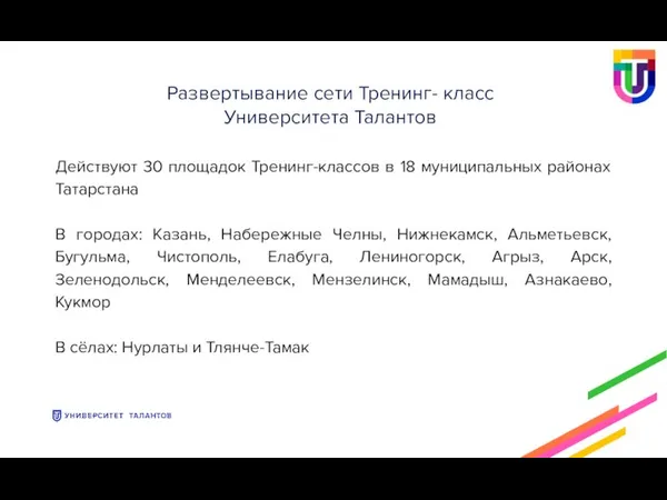 Действуют 30 площадок Тренинг-классов в 18 муниципальных районах Татарстана В городах: Казань,