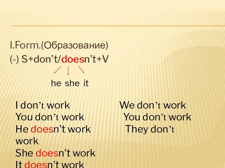 I.Form.(Образование) (-) S+don’t/doesn’t+V he she it I don’t work We don’t work
