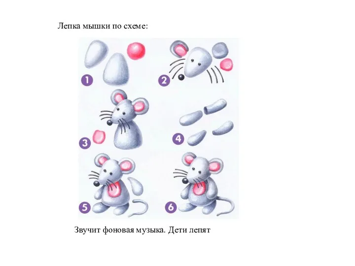 Звучит фоновая музыка. Дети лепят Лепка мышки по схеме: