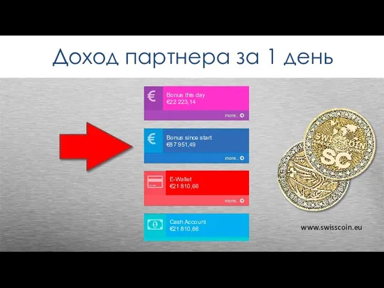 Доход партнера за 1 день www.swisscoin.eu Bonus this day €22 223,14 Bonus