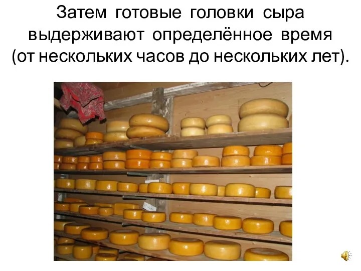 Затем готовые головки сыра выдерживают определённое время (от нескольких часов до нескольких лет).