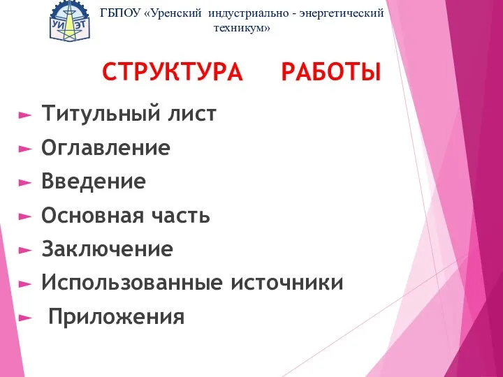 СТРУКТУРА РАБОТЫ Титульный лист Оглавление Введение Основная часть Заключение Использованные источники Приложения