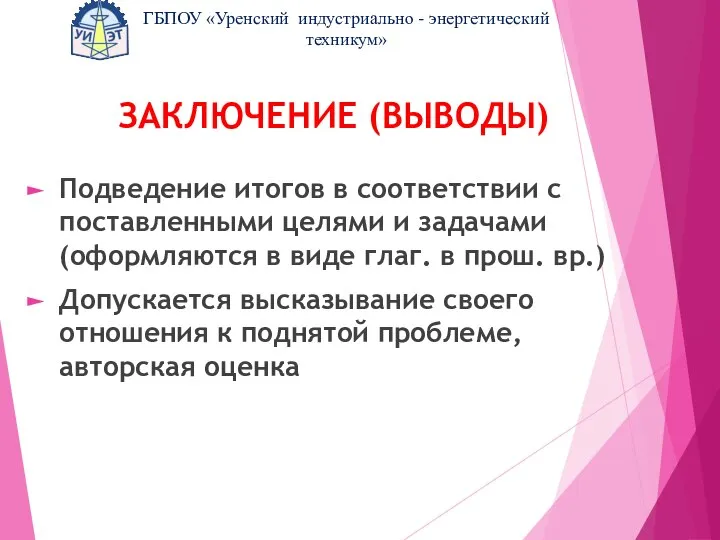 ЗАКЛЮЧЕНИЕ (ВЫВОДЫ) Подведение итогов в соответствии с поставленными целями и задачами (оформляются