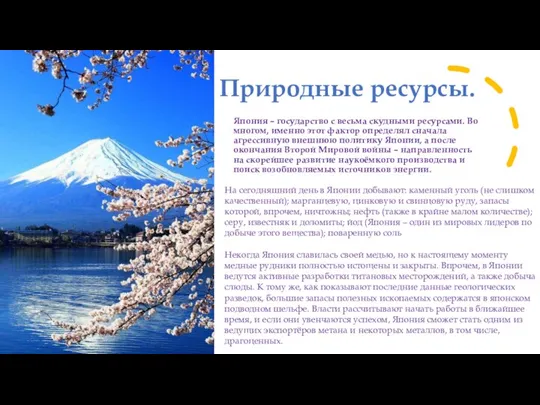 Природные ресурсы. Япония – государство с весьма скудными ресурсами. Во многом, именно