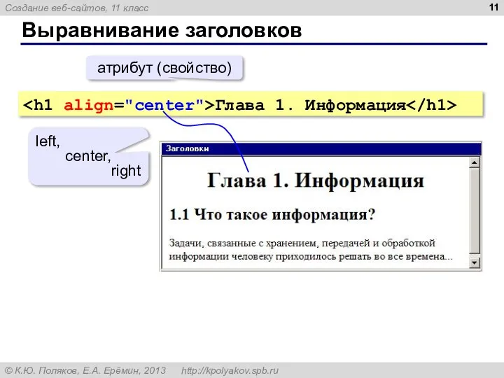 Выравнивание заголовков Глава 1. Информация left, center, right атрибут (свойство)