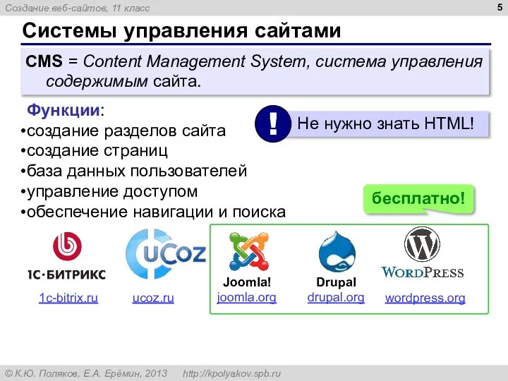 Системы управления сайтами CMS = Content Management System, система управления содержимым сайта.