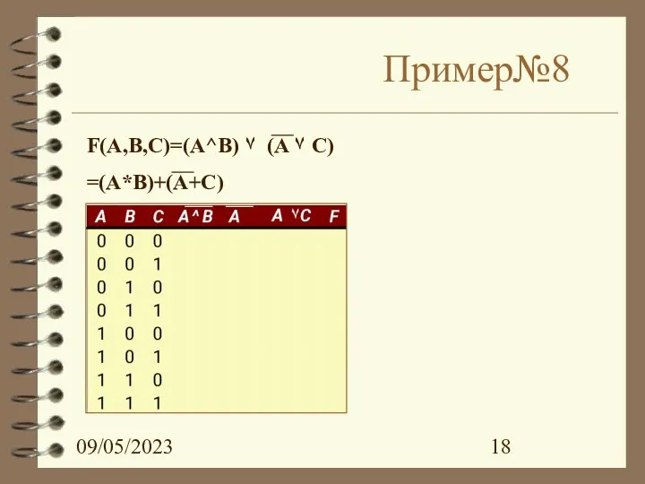 09/05/2023 Пример№8 F(A,B,C)=(A^B) ۷ (A ۷ C) =(A*B)+(A+C)
