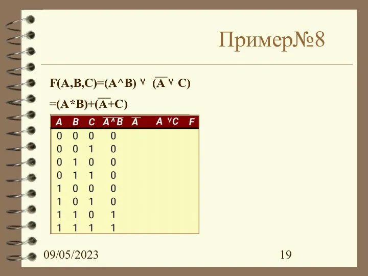 09/05/2023 Пример№8 F(A,B,C)=(A^B) ۷ (A ۷ C) =(A*B)+(A+C)