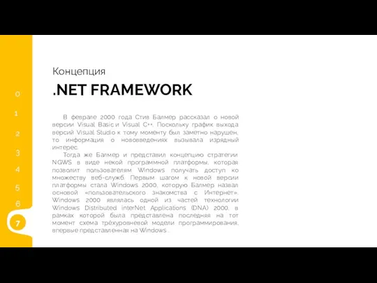 4 .NET FRAMEWORK Концепция В феврале 2000 года Стив Балмер рассказал о