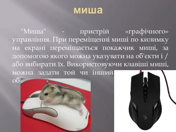 миша "Миша" - пристрій «графічного» управління. При переміщенні миші по килимку на
