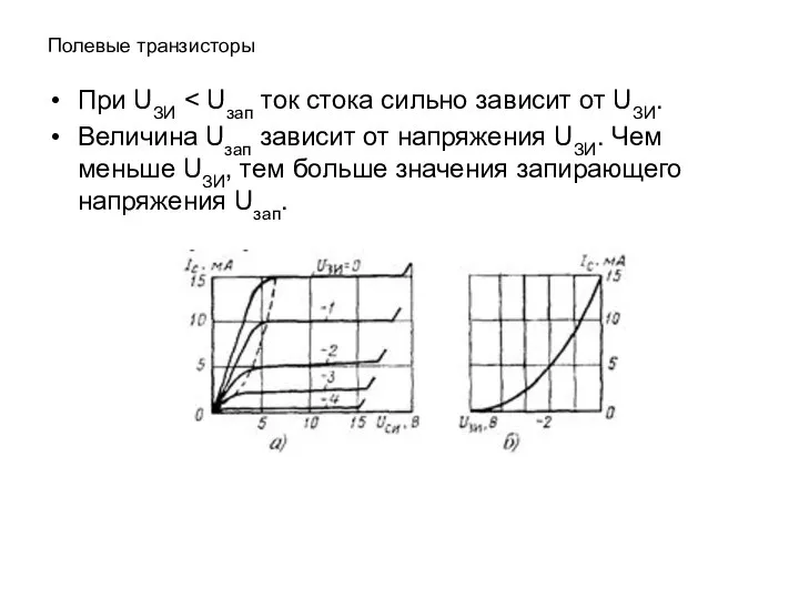 Полевые транзисторы При UЗИ Величина Uзап зависит от напряжения UЗИ. Чем меньше