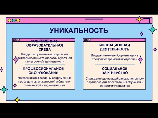 УНИКАЛЬНОСТЬ ПРОФЕССИОНАЛЬНОЕ ОБОРУДОВАНИЕ На базе школы созданы современные проф. центры инженерной и