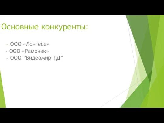 Основные конкуренты: ООО «Лонгесе» - ООО «Рамонак» ООО ”Видеомир-ТД”