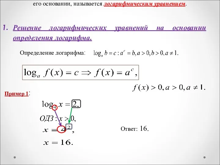 Уравнение, содержащее неизвестное под знаком логарифма или (и) в его основании, называется