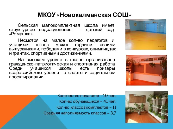 МКОУ «Новокалманская СОШ» Сельская малокомплектная школа имеет структурное подразделение - детский сад