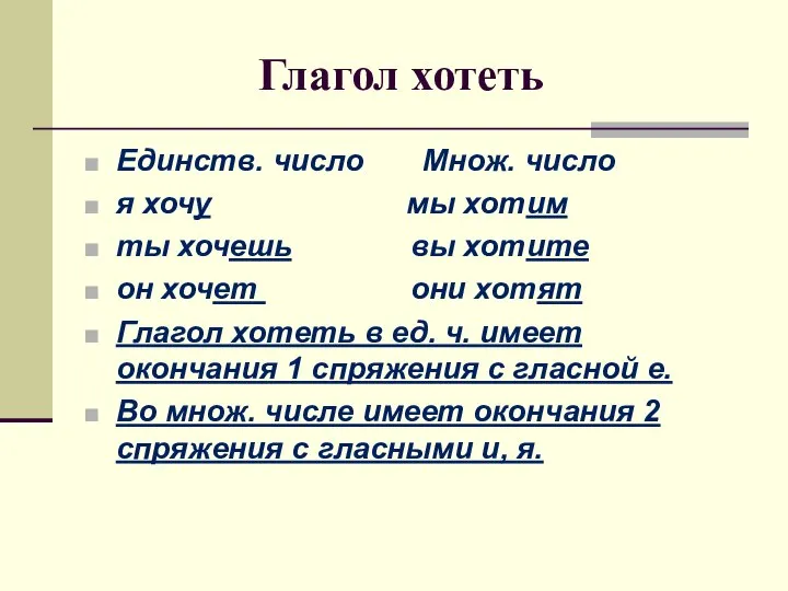 Глагол хотеть Единств. число Множ. число я хочу мы хотим ты хочешь