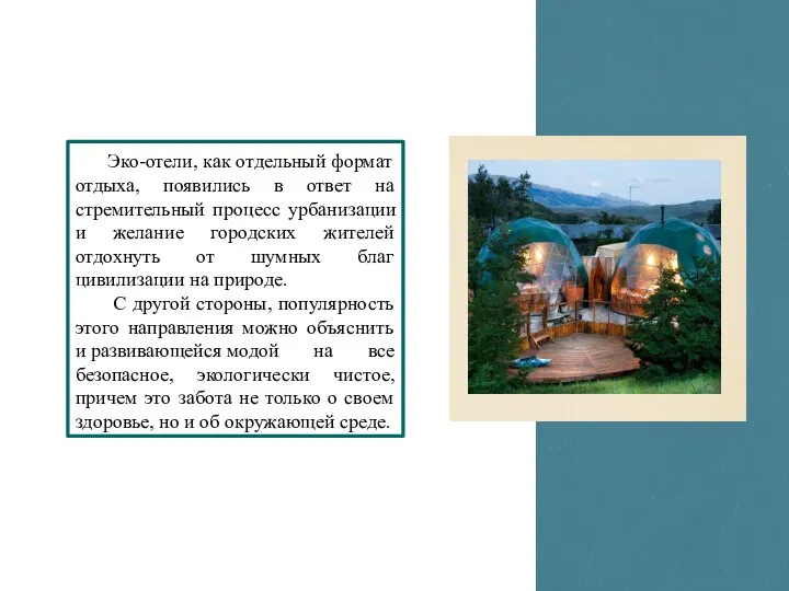 Эко-отели, как отдельный формат отдыха, появились в ответ на стремительный процесс урбанизации