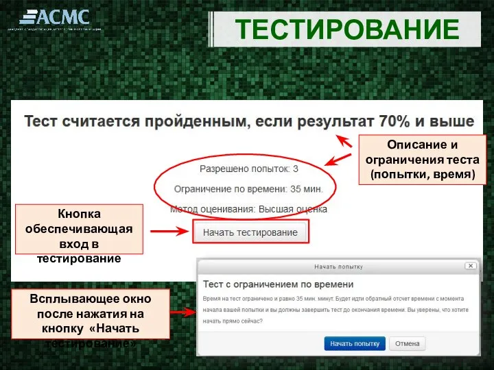 ТЕСТИРОВАНИЕ Описание и ограничения теста (попытки, время) Кнопка обеспечивающая вход в тестирование