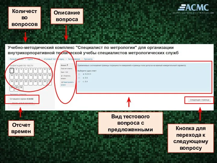 Вид тестового вопроса с предложенными вариантами ответов Количество вопросов в тесте Кнопка