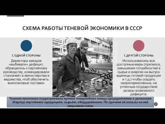 СХЕМА РАБОТЫ ТЕНЕВОЙ ЭКОНОМИКИ В СССР Директора заводов «выбивали» дефицит, обращались к