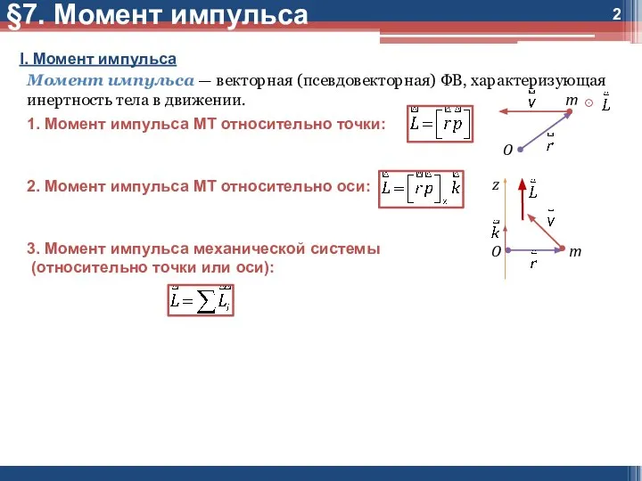 I. Момент импульса Момент импульса — векторная (псевдовекторная) ФВ, характеризующая инертность тела