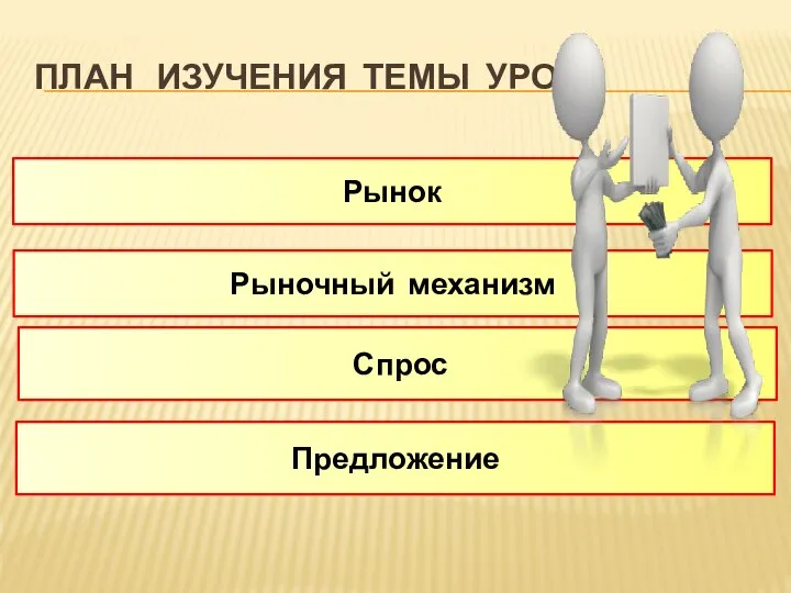 ПЛАН ИЗУЧЕНИЯ ТЕМЫ УРОКА Рынок Рыночный механизм Спрос Предложение