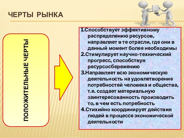 ЧЕРТЫ РЫНКА ПОЛОЖИТЕЛЬНЫЕ ЧЕРТЫ 1.Способствует эффективному распределению ресурсов, направляет в те отрасли,