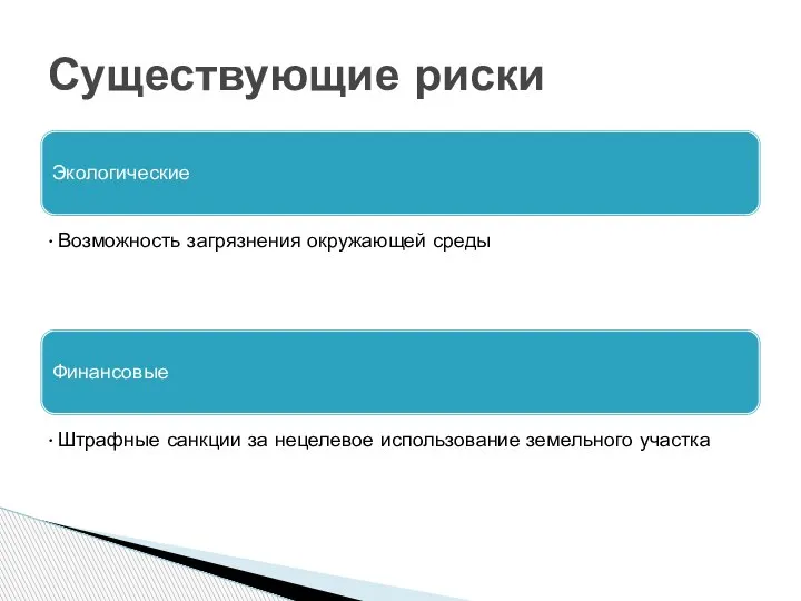 Экологические Возможность загрязнения окружающей среды Финансовые Штрафные санкции за нецелевое использование земельного участка Существующие риски