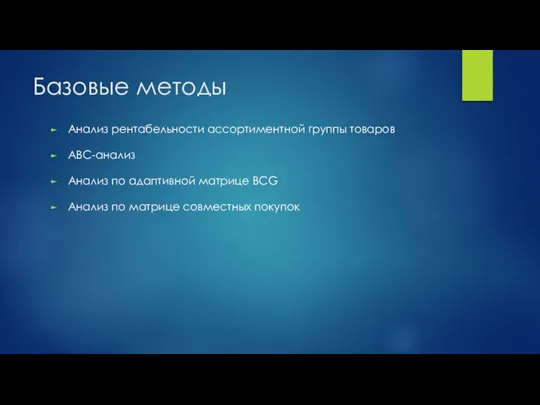 Базовые методы Анализ рентабельности ассортиментной группы товаров ABC-анализ Анализ по адаптивной матрице