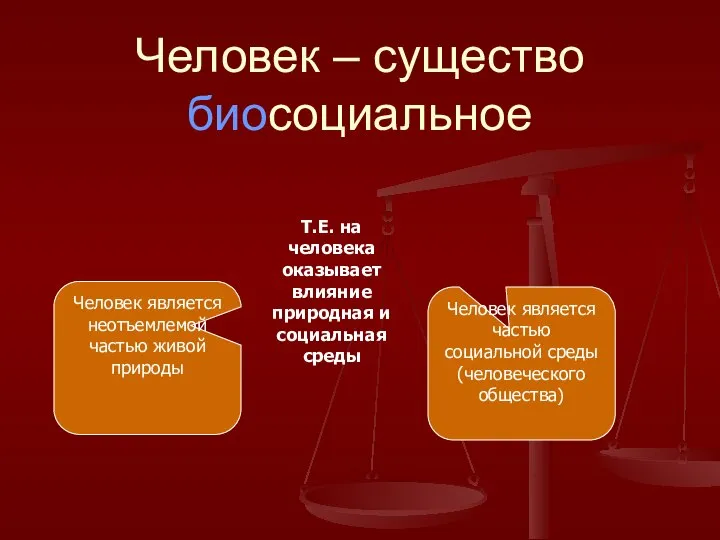 Человек – существо биосоциальное Человек является неотъемлемой частью живой природы Человек является