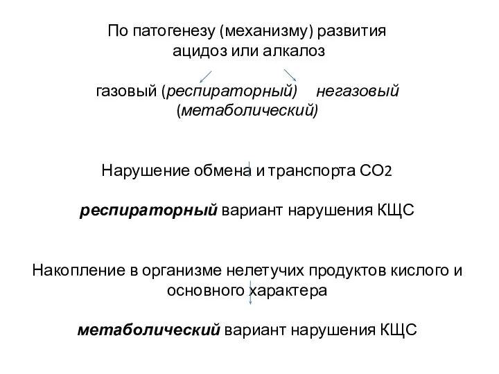 По патогенезу (механизму) развития ацидоз или алкалоз газовый (респираторный) негазовый (метаболический) Нарушение