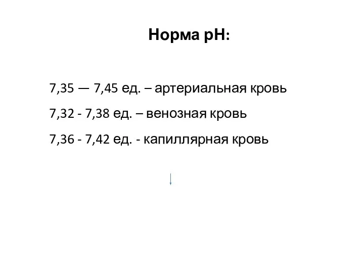 Норма рН: 7,35 — 7,45 ед. – артериальная кровь 7,32 - 7,38