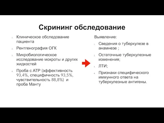 Скрининг обследование Клиническое обследование пациента Рентгенография ОГК Микробиологическое исследование мокроты и других