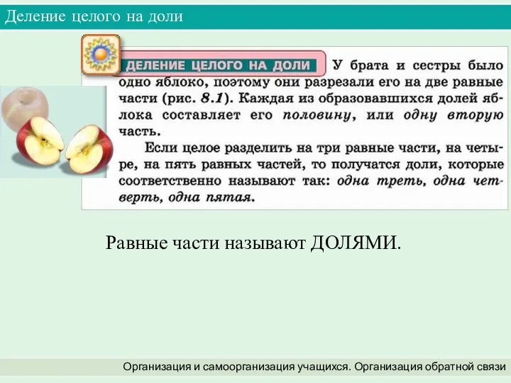 Деление целого на доли Организация и самоорганизация учащихся. Организация обратной связи Равные части называют ДОЛЯМИ.