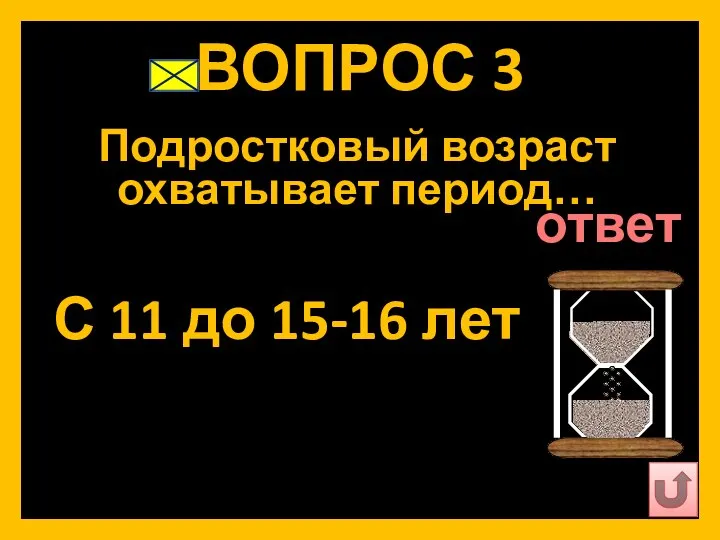 ВОПРОС 3 Подростковый возраст охватывает период… С 11 до 15-16 лет ответ