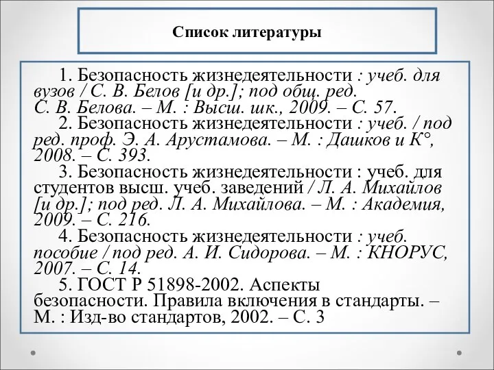 Список литературы 1. Безопасность жизнедеятельности : учеб. для вузов / С. В.