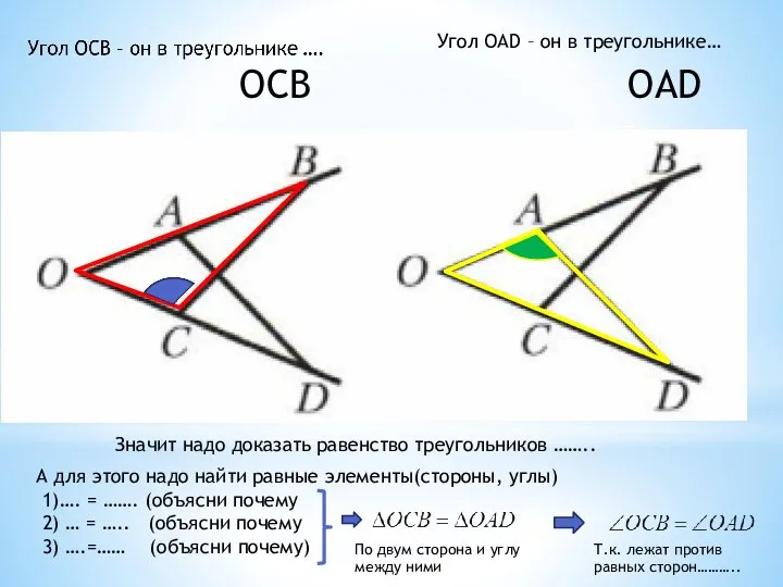 Угол ОАD – он в треугольнике… ОСВ ОАD Значит надо доказать равенство